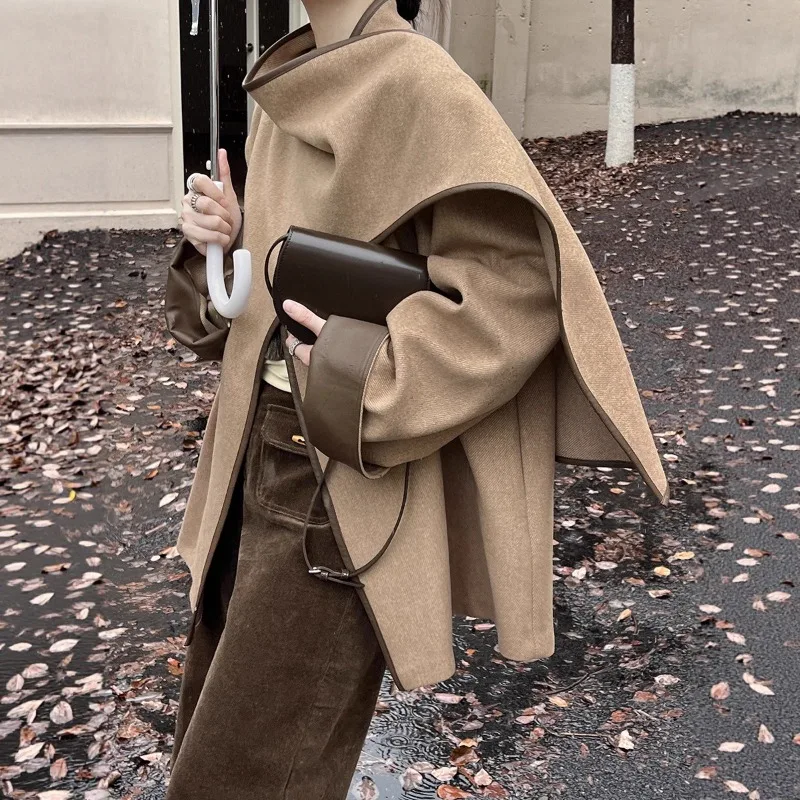 

Autumn and winter new French 50 wool coat scarf collar contrasting color versatile coat woolen coat women's clothing