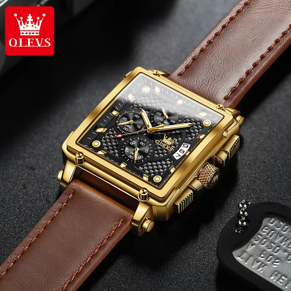 OLEVS Men\'s Top Brand Square Quality Quartz Wristwatch Chronograph Waterproof Original Watch for Man Luxury Luminous Auto Date