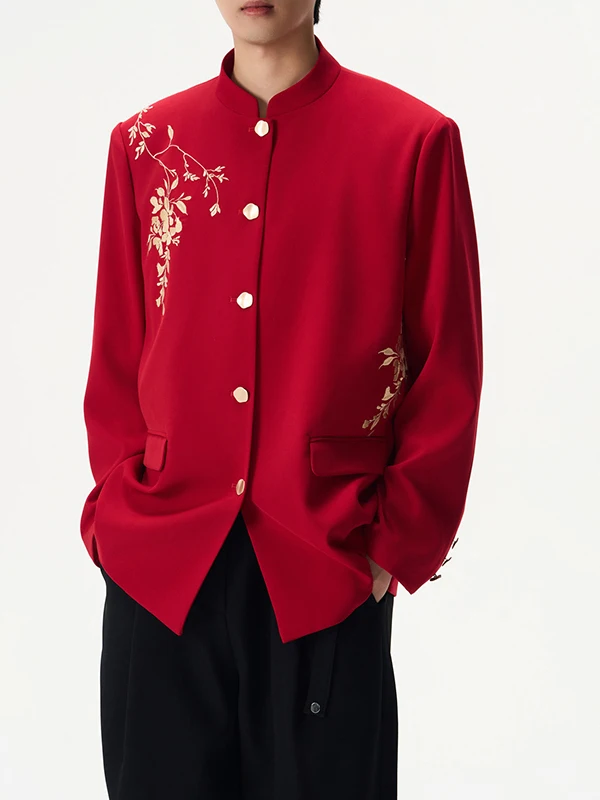 

New Chinese Sle Embroidered Casual Suit Wedding Engagement Red Coat for Men And Women Stand Collar Loose Fit Polyester Fiber
