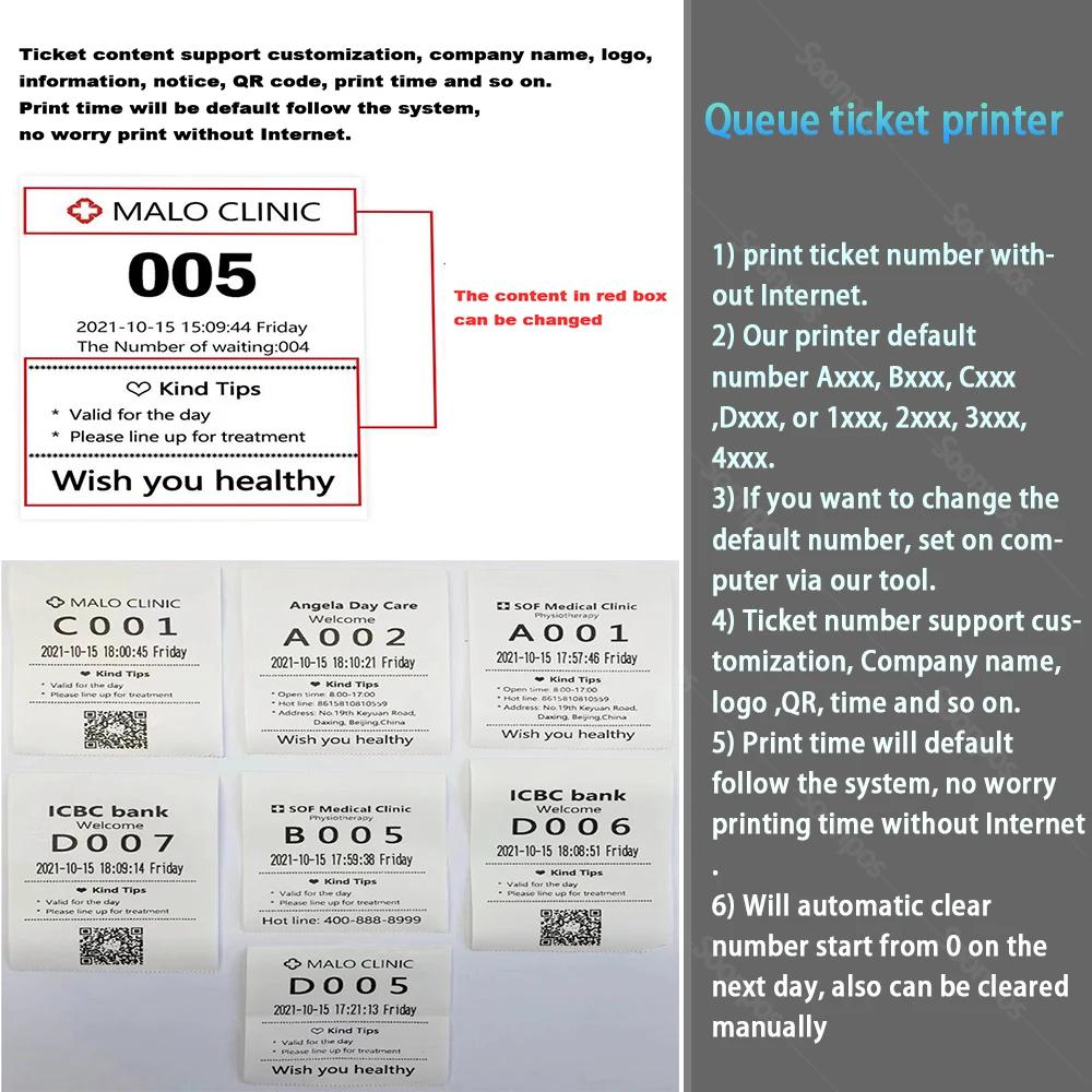 Soonpos One-Click Thermal Queue Number POS Receipt Printer 80mm Auto Cutter No need Internet PC or Laptop With USB LAN Serial