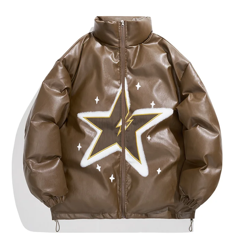 Winter Leather Parkas Men Cotton Vintage Star Flocking Loose Padded Jackets Hip Hop Casual Oversized Thick Coat Outwear Unisex