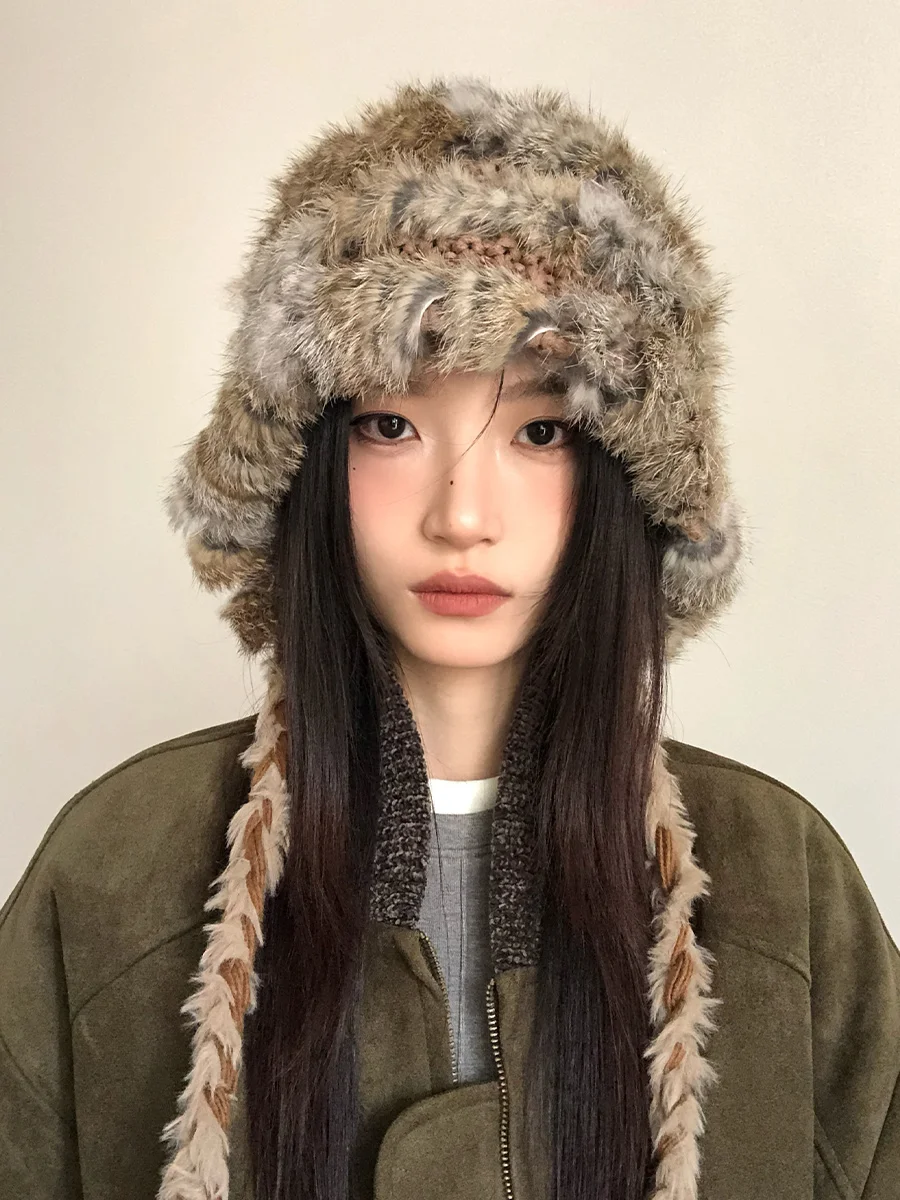 Rabbit Hair Mixed Wool Hat For Women Autumn And Winter Style Thickened And Warm Knitted Hat Cold-Proof And Ear-CoveringEd Hat