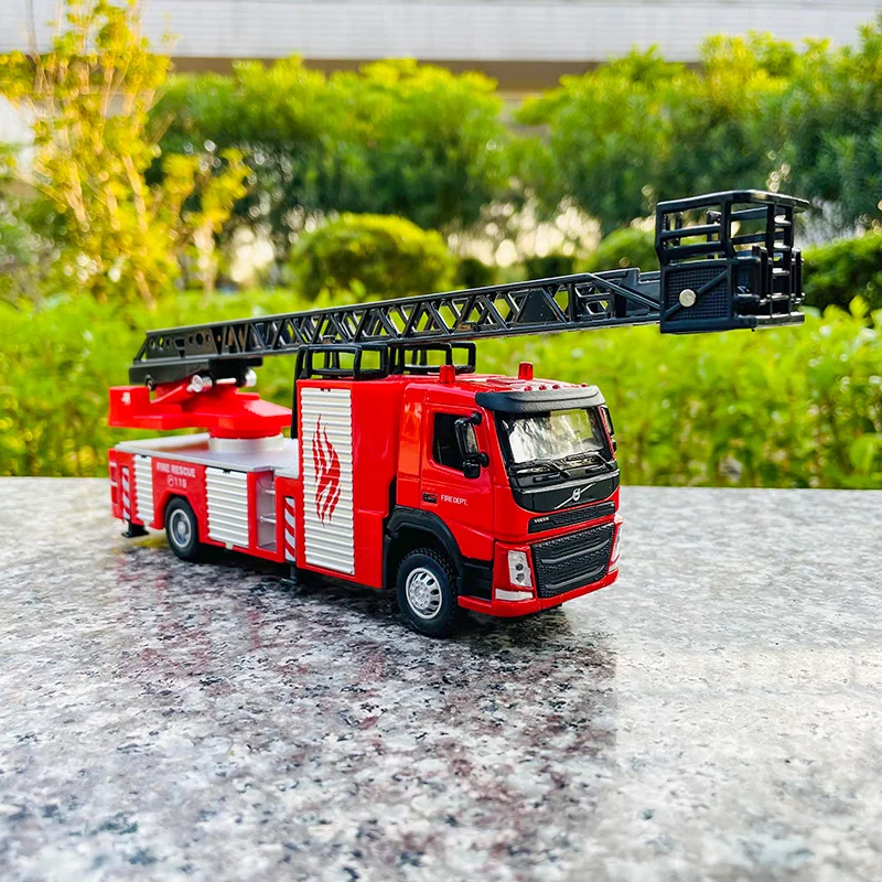 MSZ 1:50 Volvo Aerial Ladder Fire Truck model toy engineering car alloy children's gift collection gift with light pull back