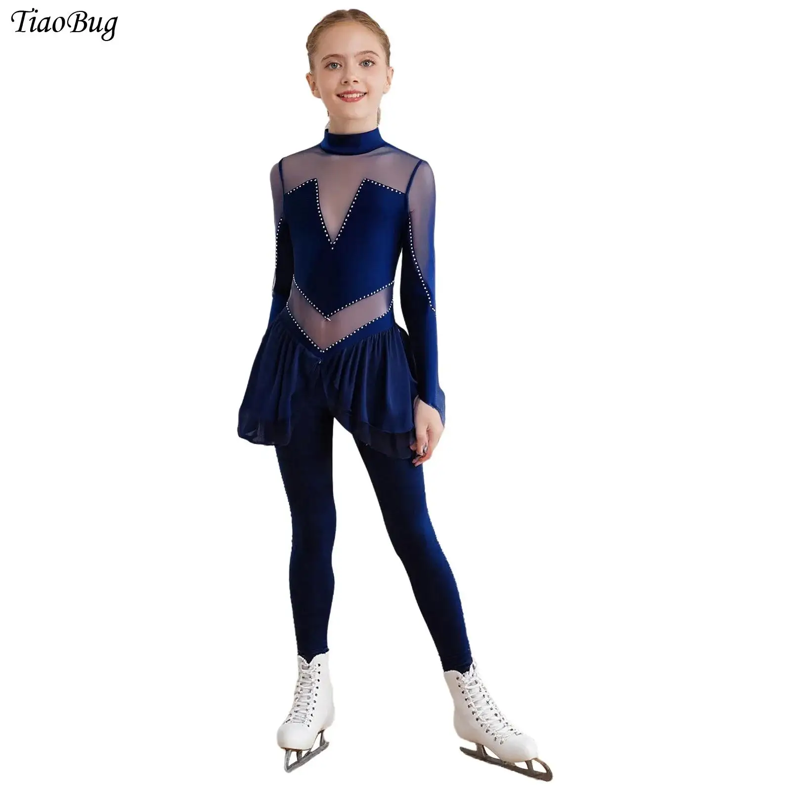 

Girls Long Sleeve Sheer Mesh Ballet Dance Leotard Workout Figure Skating Dance Jumpsuit Rhinestones Gymnastics Bodysuit Costumes