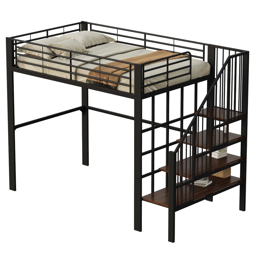 Stabiles Hochbett aus Metall, 90 x 200 cm/140 x 200 cm, mit geräumigem Stauraum unter dem Bett und Treppe für Kinder und Erwachsene, Bettgestelle und -gestelle – Detail 16