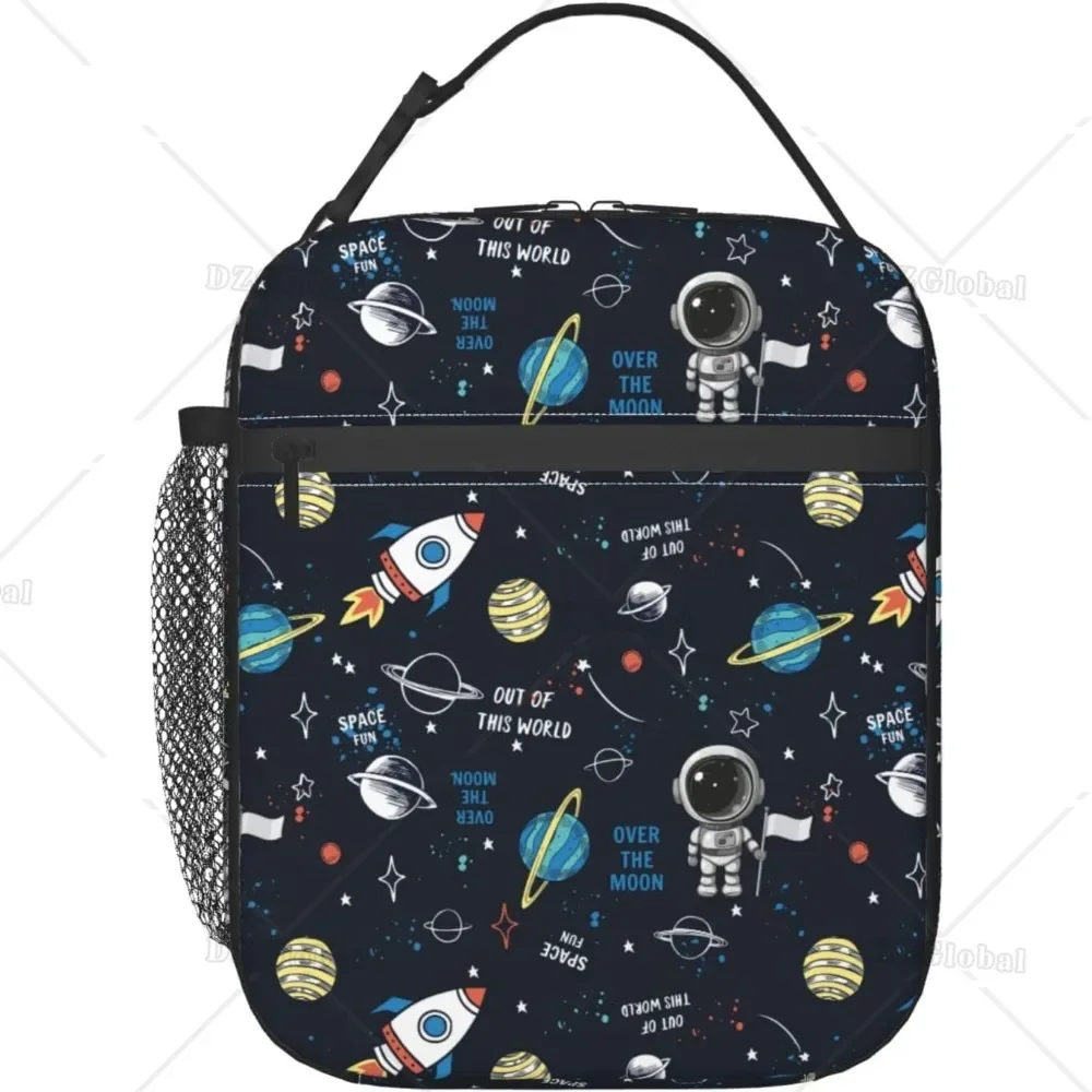 Astronaut in Space Galaxy Lunch Bag for Boys Girls Rocket Planet Insulated Reusable Lunch Bag Portable Thermal Meal Cooler Totes