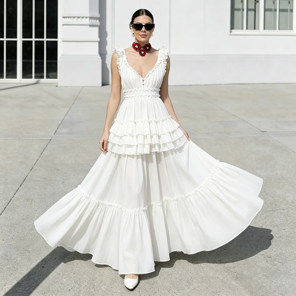 Cotton Blend V Neck Sleeveless Maxi Bridal Gowns Open Back Plus Size Tiered Princess A Line Customized Ivory Wedding Dress