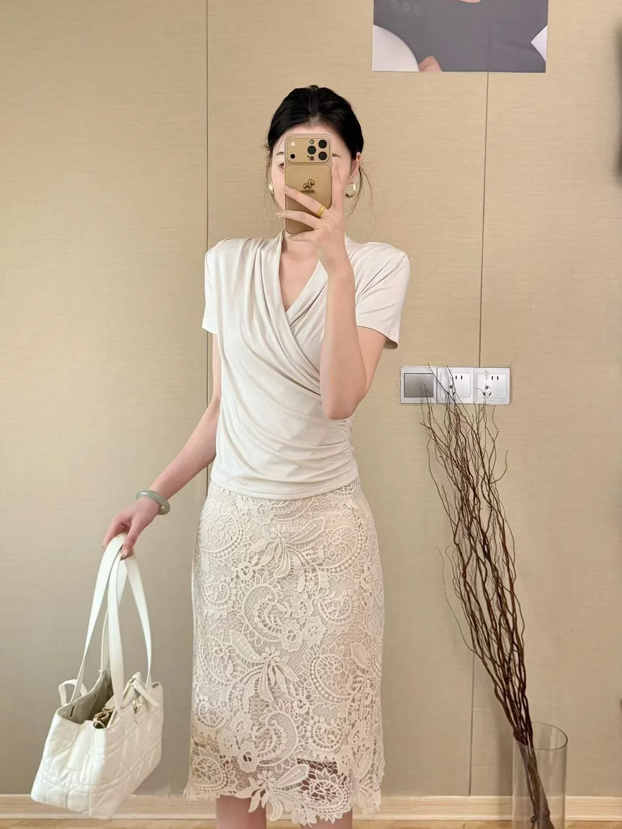 

Summer T-Shirt Women's V-neck Short-sleeve Cross Design Silk Casual High-waist Short-length Pure Color Breathable T-shirt