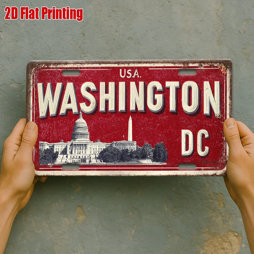 Retro Washington DC 2D Flat Aluminum License Plate Plaque, Office Wall Art, History Wall and Study Room Decor