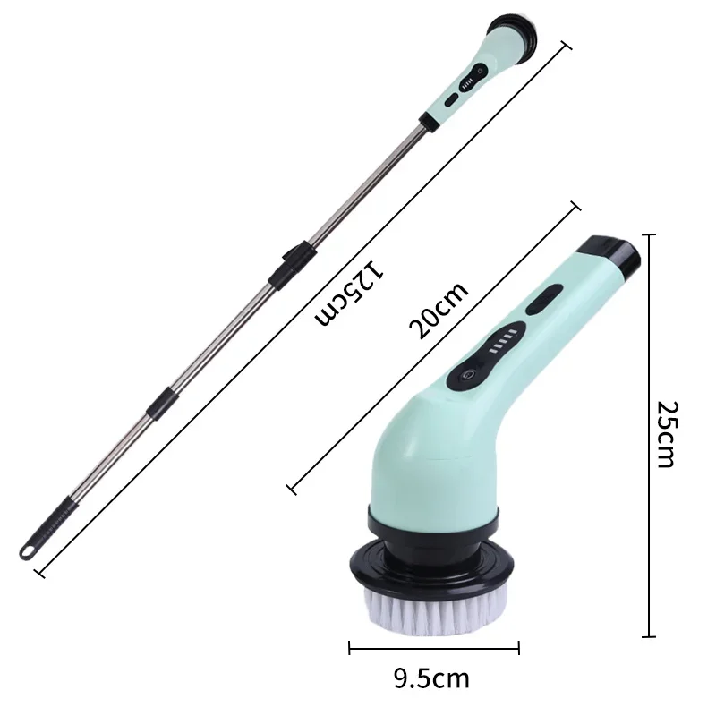 Simplify everyday cleaning with a rechargeable electric spin scrubber featuring an extension handle, interchangeable brush heads, USB-C charging, and a battery display.