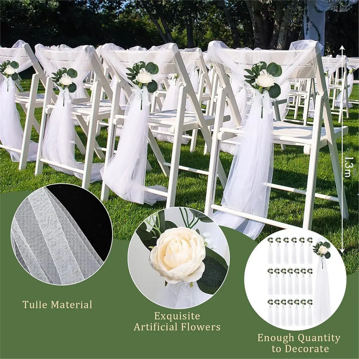 12 Sets Wedding Aisle Decorations, Champagne Flowers,Artificial Rose with Long Tulle for Church Pew Chair Bench