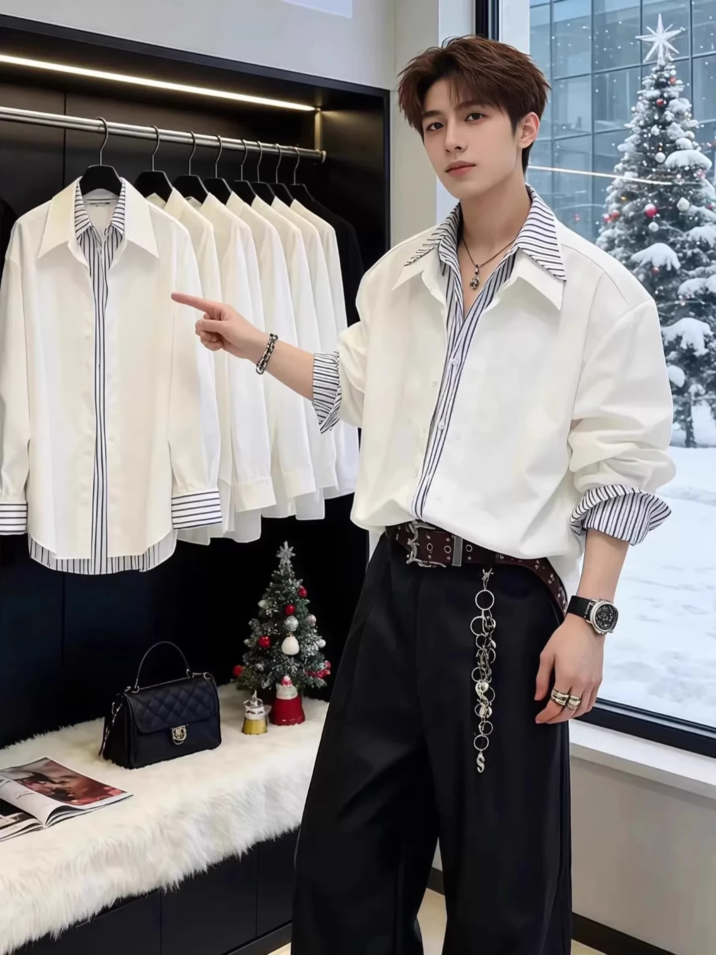 

Double Layer Collar Patchwork Striped Long Sve irt Men's Model Spring Autumn Haome Sle Outerwear Korean System High...