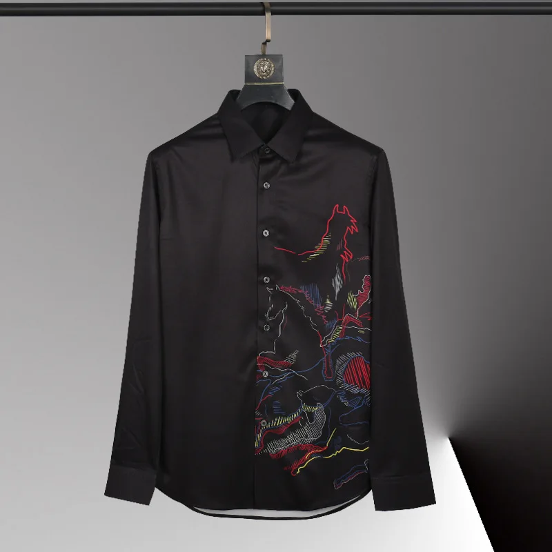 Men's new long sleeved non ironing shirt with fashionable fit positioning, printed horse trendy plus size shirt