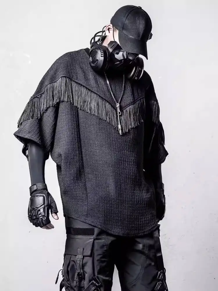Gothic Men's Sweatshirt 2026 Spring Summer Niche Design Patchwork Tassel Bat Sleeve T Shirt Dark Long