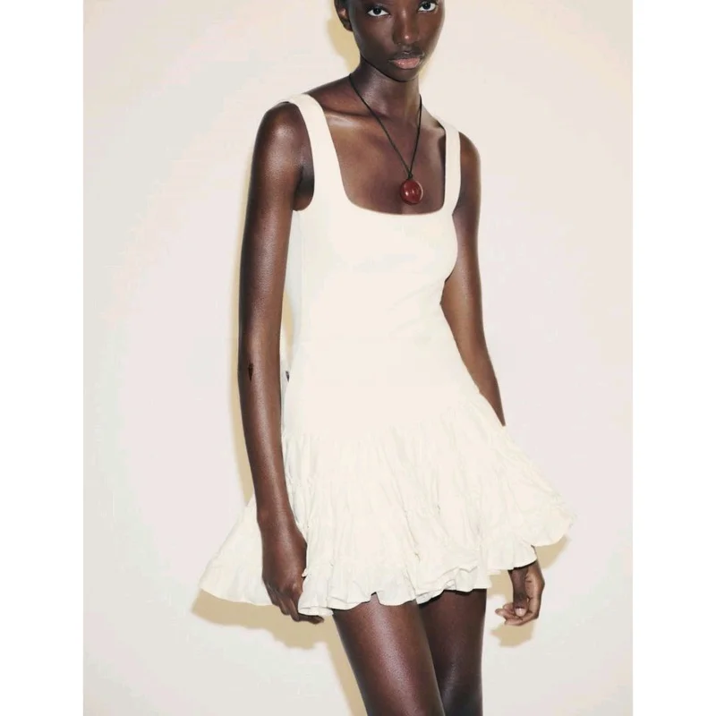 Vestido Casual F de Verão com Estilo mata, Detalhes em Babados, Barra em Camadas, Decote Quad, Sem Alças, C...