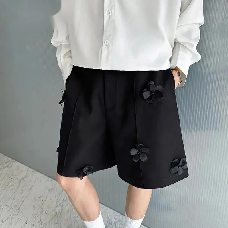 New Korean Male Casual Shorts Three-dimensional Bead Flower Decoration Trendy Men's Clothing Summer Loose Fit 9WX425