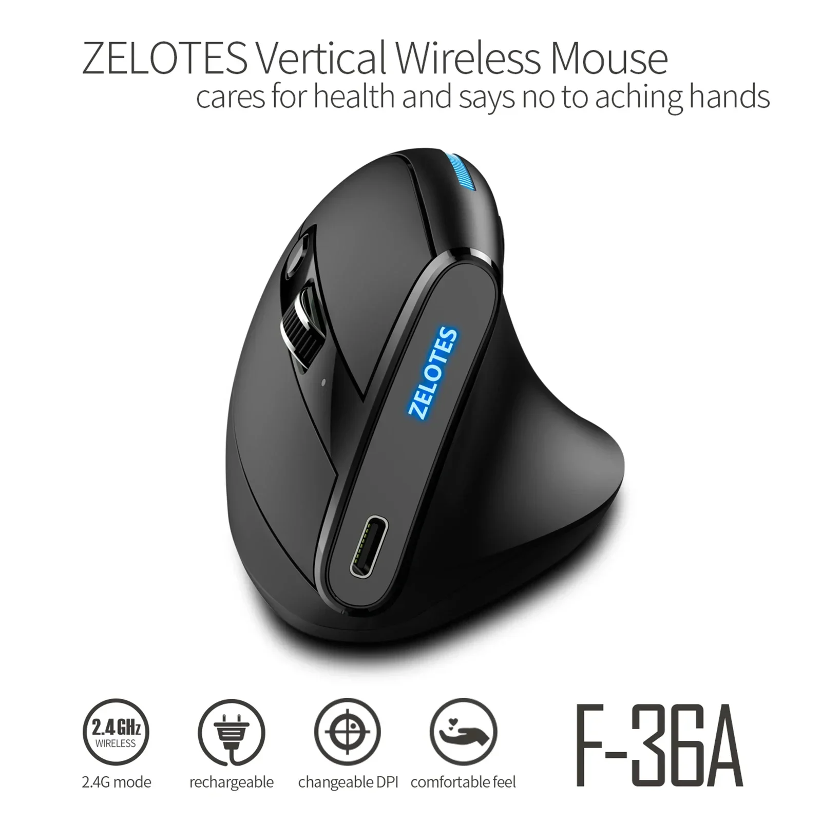 

2.4G Wireless Mouse Charging Blu-ray 6-button PC Optical Mouse 3 Level DPI Black F36A Computer Mouse F36A Parts ZELOTES F-36A