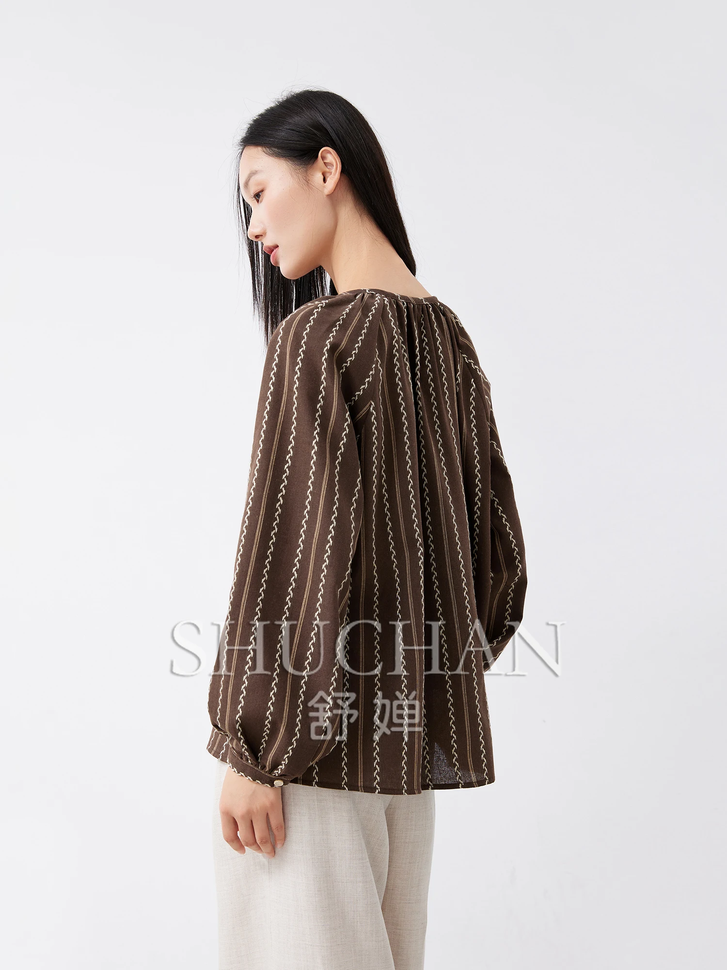 Literary and Artistic Yarn-dyed Striped Cotton, Geometric Jacquard Fringed Lace-up Shirt Blusas Femininas Com Frete Gratis