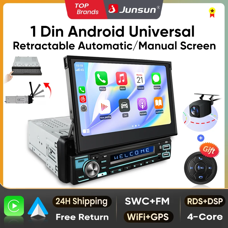 Junsun 7 "Tela táctil IPS retráctil automática Universal 1 Din inalámbrico CarPlay Android Auto Radio estéreo para coche navegación GPS