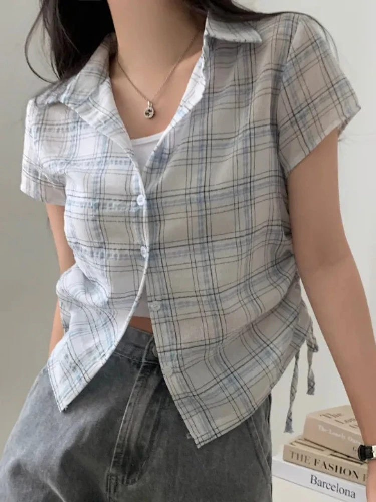 

Harajuku Fashion Pleated Plaid Slim Shirt Women High Street Vintage Shirring Shirts Office Lady Chic Design Casual Tops 2024 New