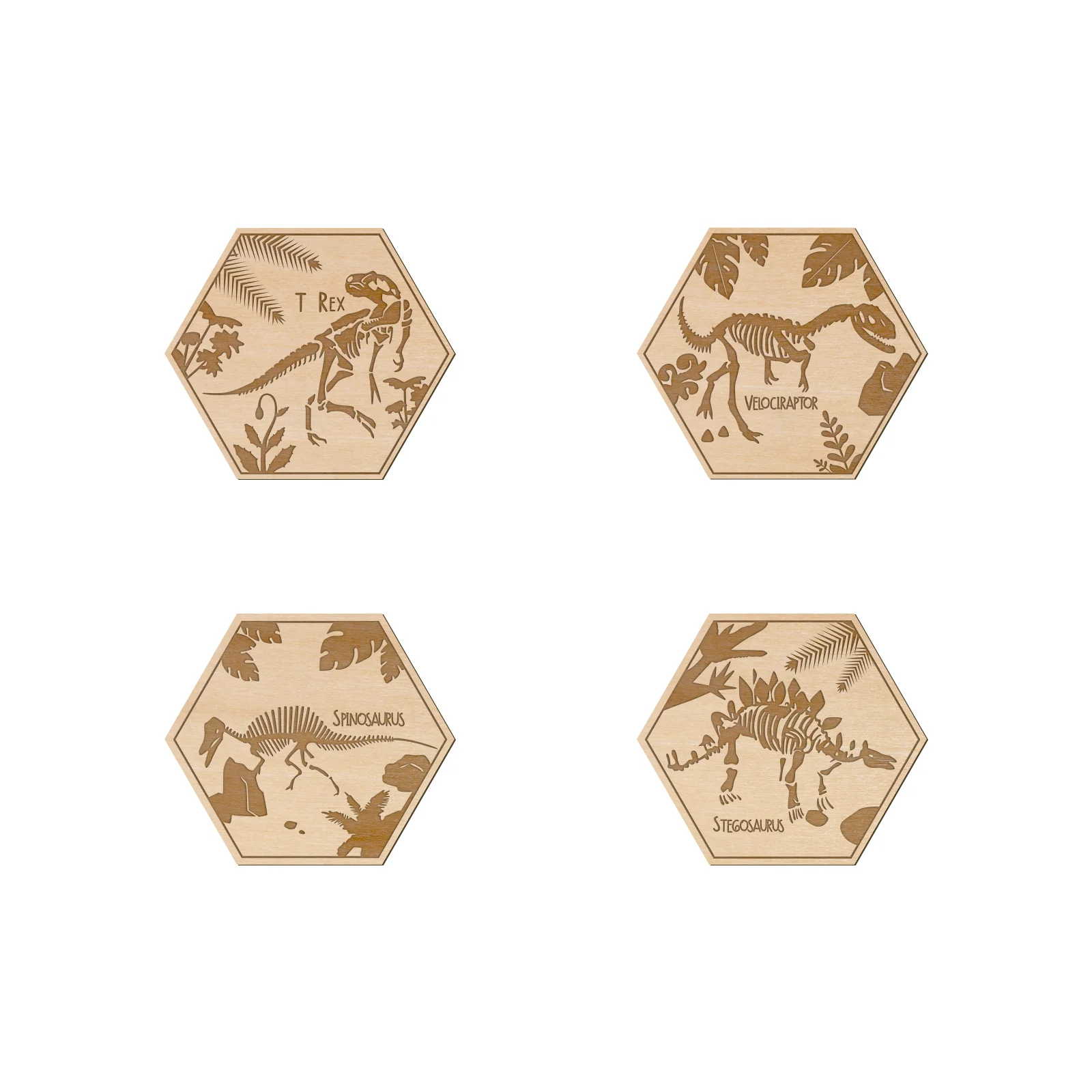 4 Pcs Dinosaur Wall Art Hexagon Wooden Decor- Laser Engraved Nursery, Playroom