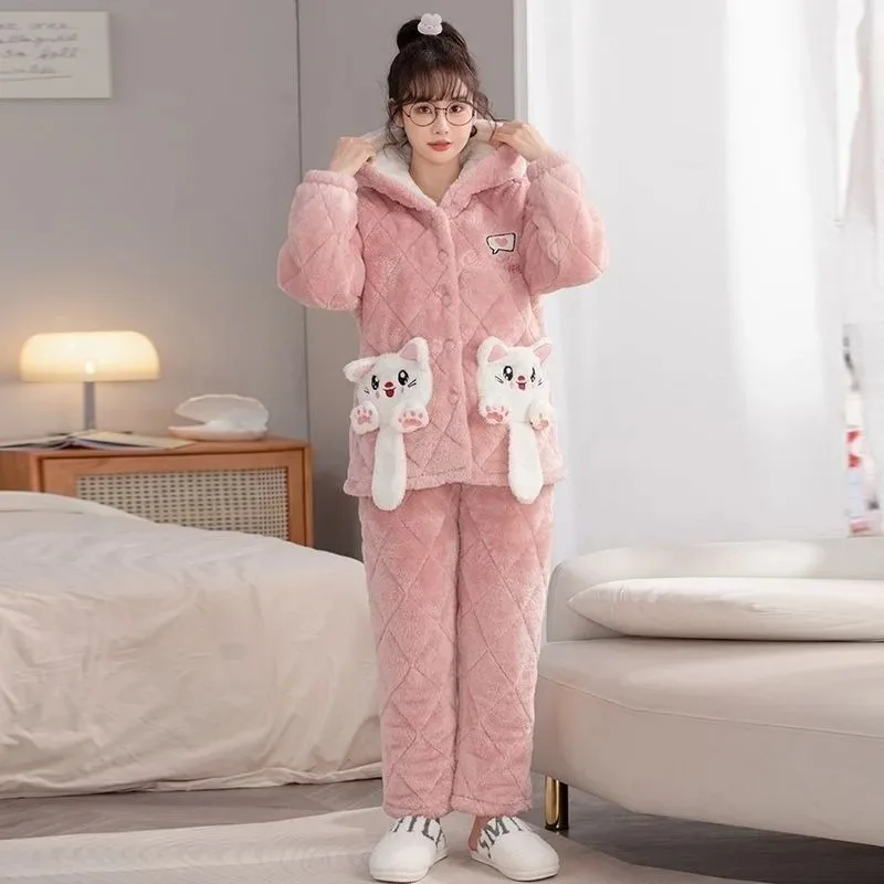 New Sleepwear Women's Winter Coral Fleece Loungewear Triple Layer Thickened Velvet Insulated Cotton Clip Flannel Homewear