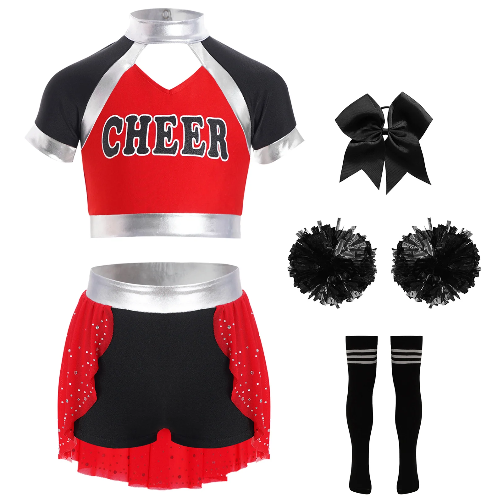 

Kids Girls Cheerleading Dance Outfit Uniform 2Pcs Letter Print Short Sleeve Cutout Color Block Patchwork Crop Top+Skirted Shorts