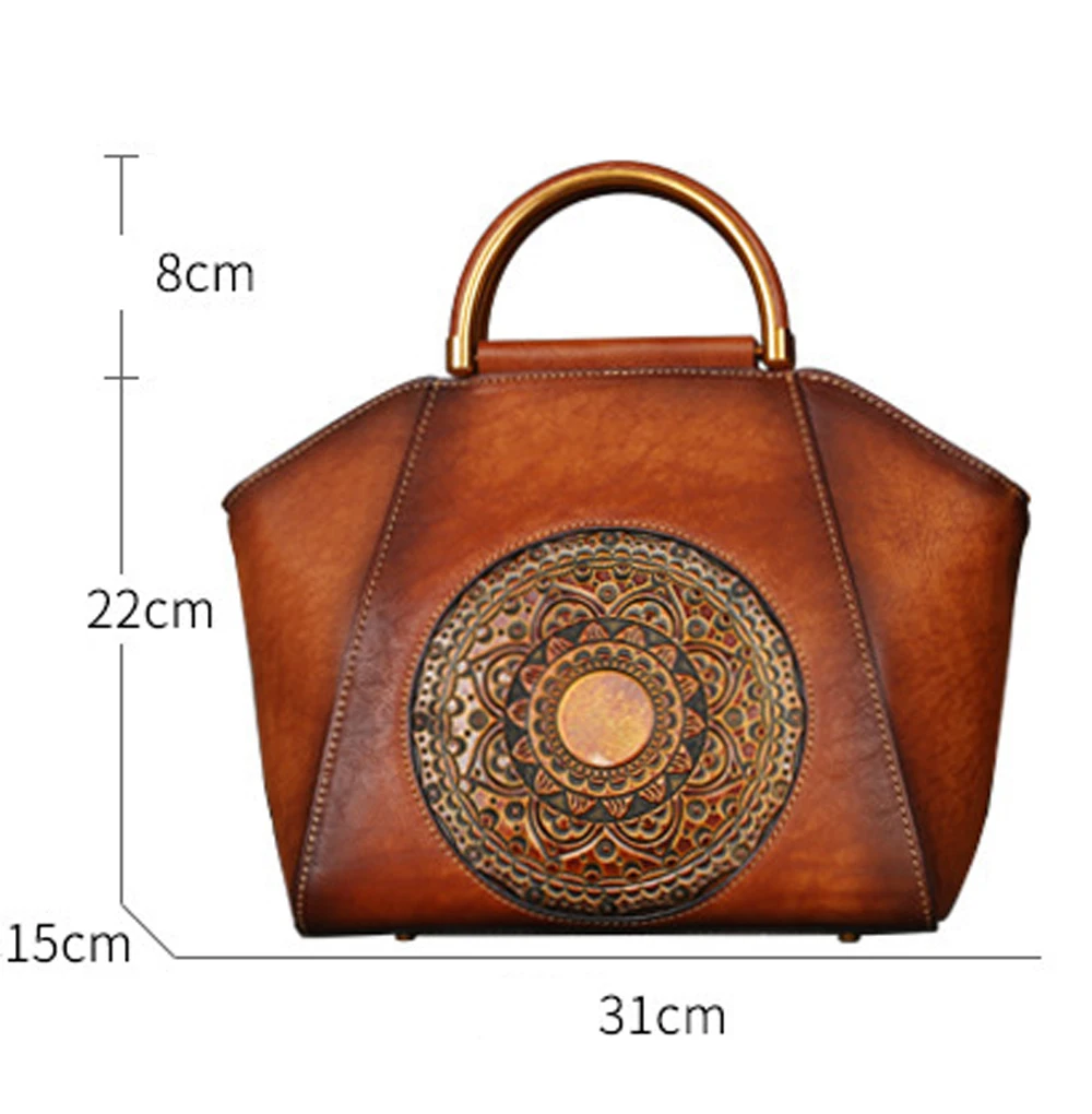 Fashion Pure Color First Layer Cowhide Fashion Totem Pressure Embossed Women Bags Brand Soft Cowhide Fashion Retro  Shoulder Bag