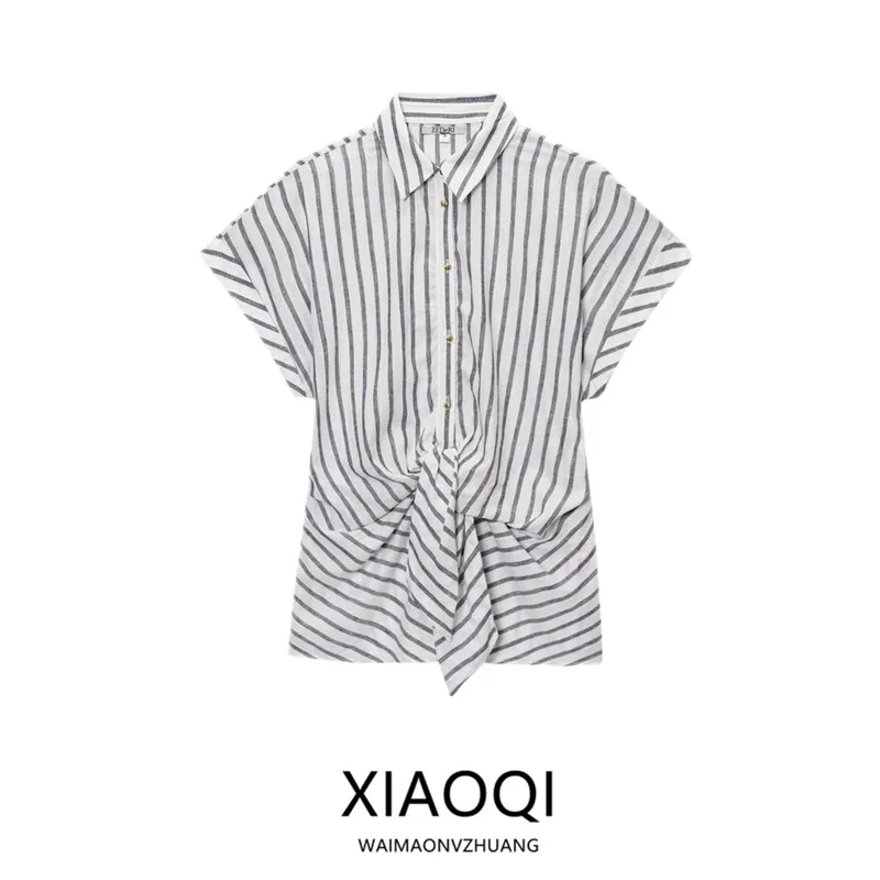 

Summer 2025 New Women's Shirt Linen Blend Striped Short Sleeve Tie Decorated Fashionable Casual Style 8138863