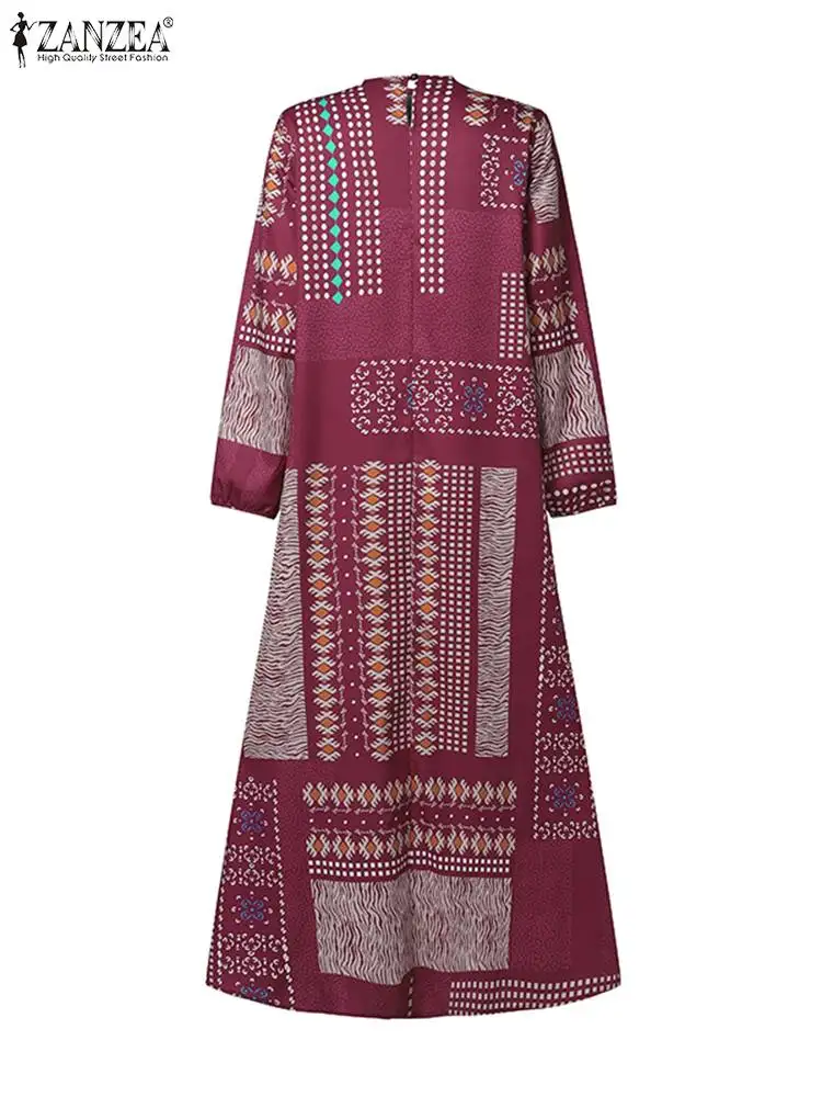 ZANZEA Ethnic Style Printing 2024 Autumn Vestidos Casual Loose Women O Neck Holiday Abaya Robes Long Sleeve Vintage Maxi Dress