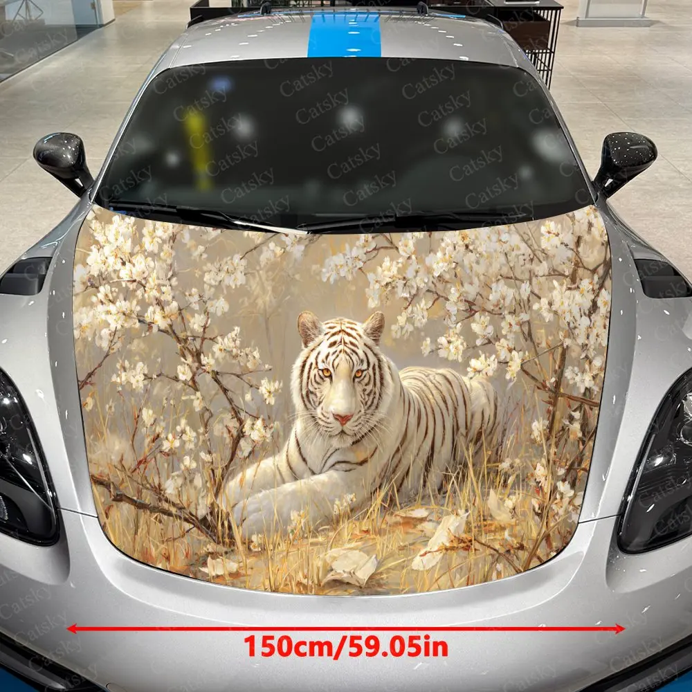 Flower Cluster Secret Realm and Auspicious White Tiger Car Vinyl Wrap, PVC Material Waterproof Car Hood Sticker, Self-Adhesive S