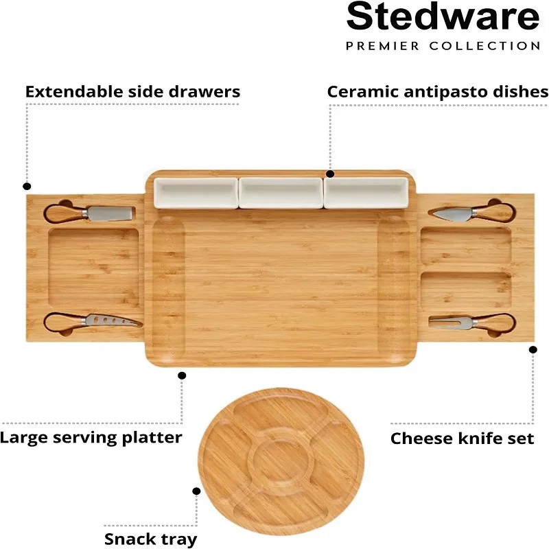 Natural Bamboo Cheese Board and Knife Set Charcoal Board Set is a cheese, meat, biscuit serving tray