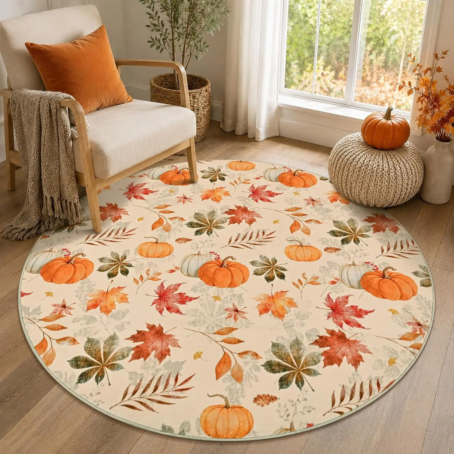Fall Area Rugs Round 4ft Washable, Maple Leavs Pumpkin Circle Rug, Beige
