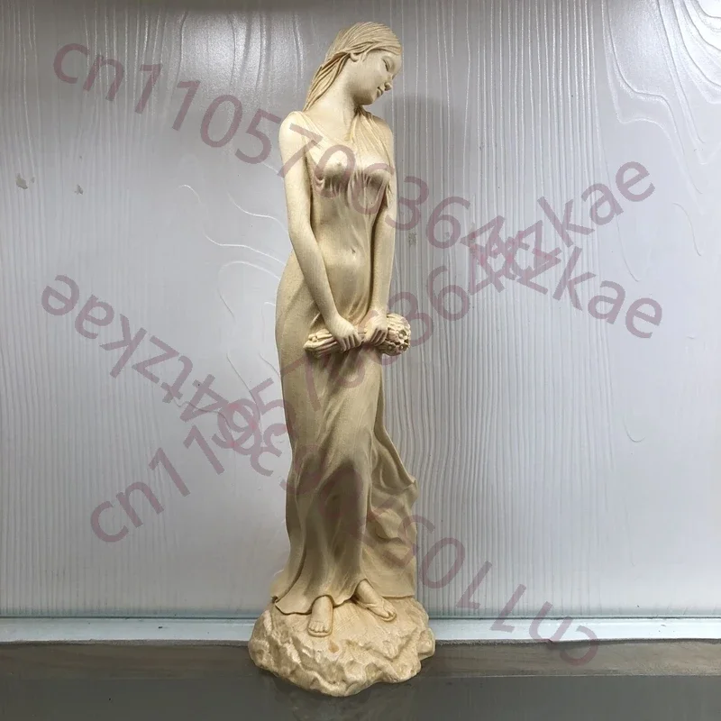 Hand Carved Hinoki Wood Wooden Beauty Statue Figurine - Standing Woman with Flowers Ornament Home Office Desk Decor Gift