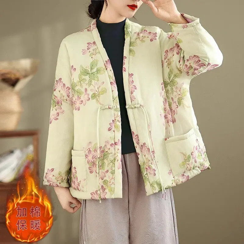 Chinese Style National Buckle Cotton Jacket For Women Winter Buddhist Zen Clothing Improved Hanfu Warm V-Neck Quilted Coat A289