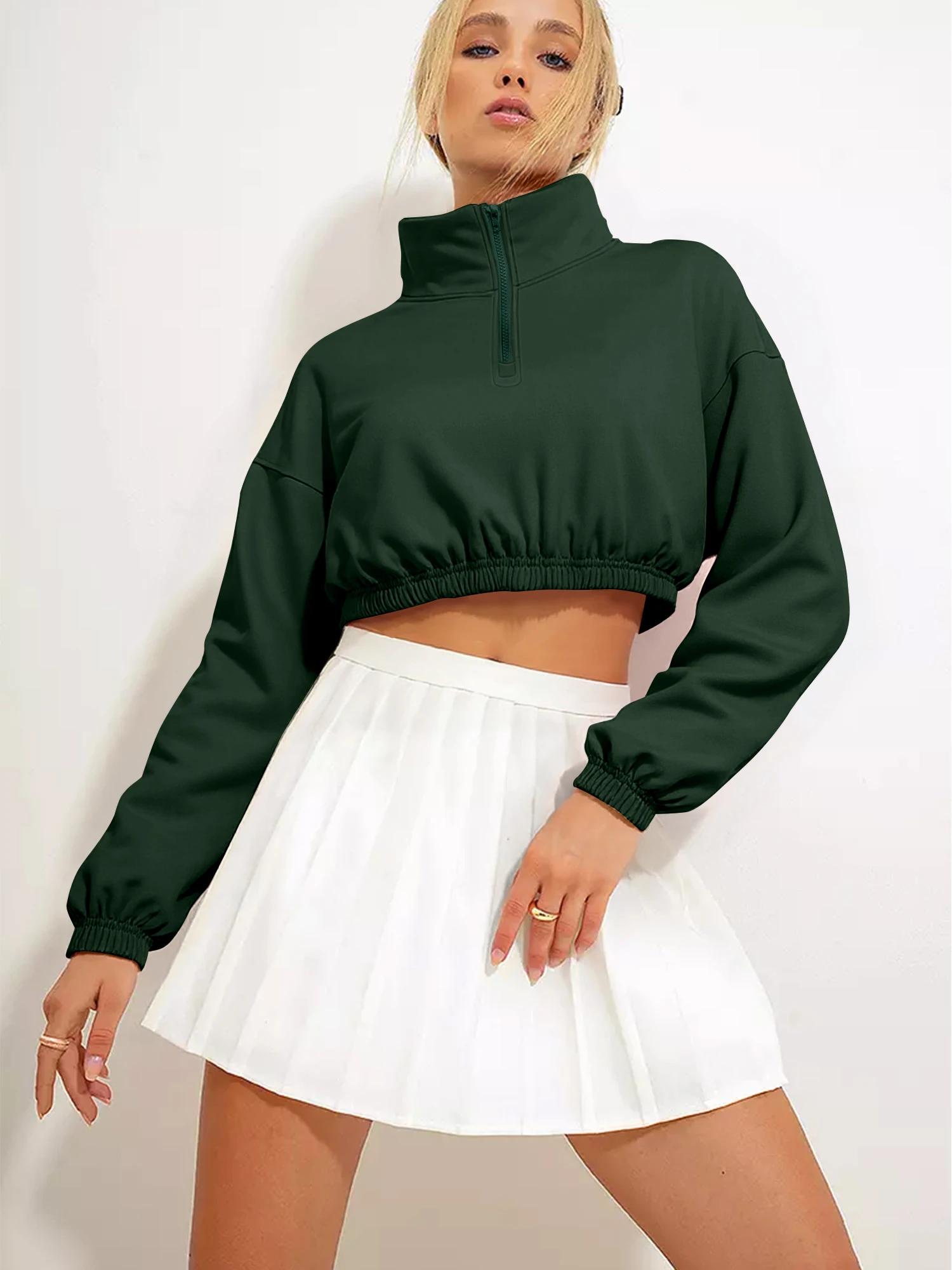 Women Going‑Out Cropped Sweatshirt Half Zip Stand Collar Elastic Hem Loose Y2K Street Aesthetic Lounge Tops