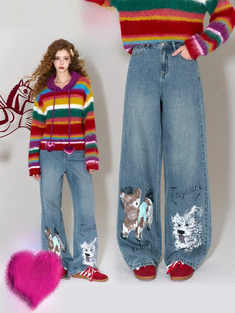 

Женские зимние джинсы свободного кроя с широкими штанинами, прямого кроя, повседневные, в стиле «фея»