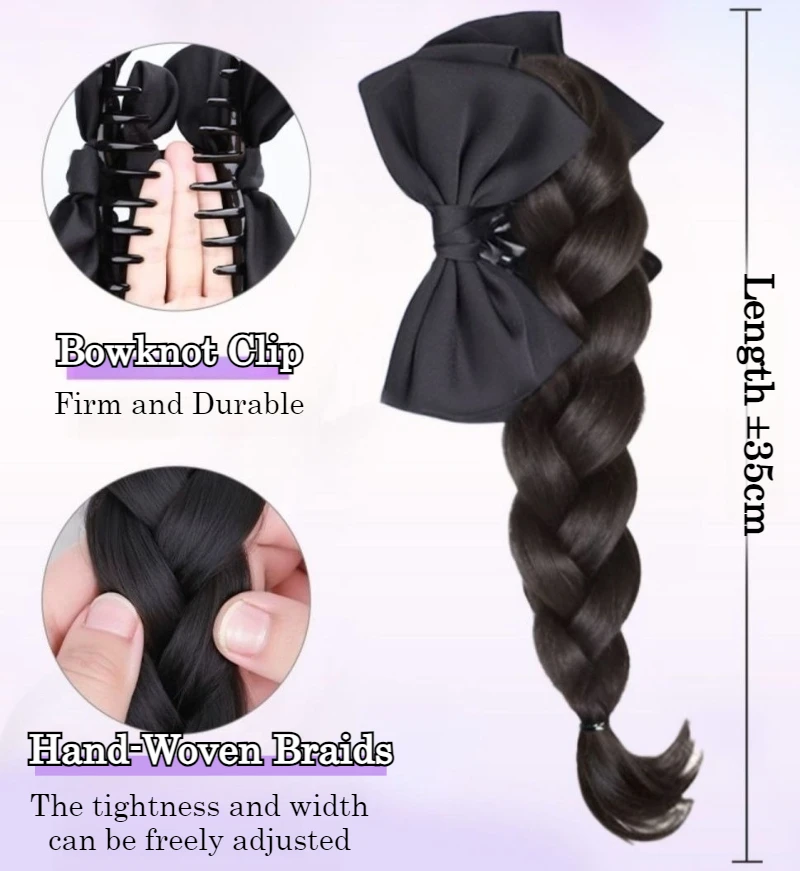 蝶結びヘアクリップ 編み込みウィッグ 女の子用 クロークリップインヘアエクステ ポニーテール リアルウィッグエクステ ヘアピース リアル編み込みウィッグ