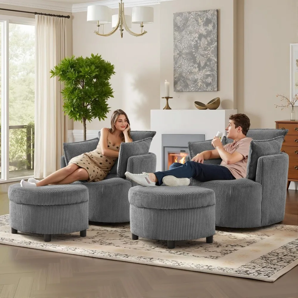 

Swivel Accent Chair Round Barrel Armchair with Storage Ottoman Upholstered Reading Chair Corduroy Fabric for Living Room