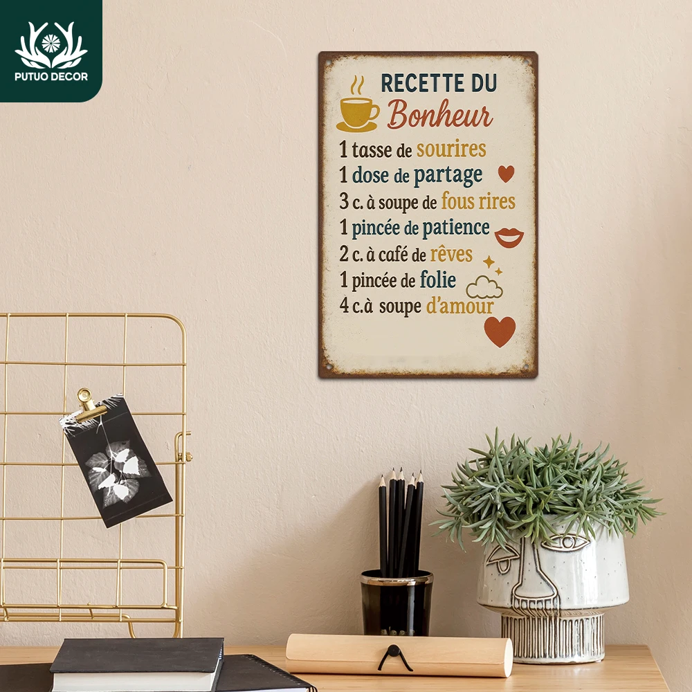 Letrero Metálico Vintage Francés de Putuo Decor, 1 Pieza, Recette du Bonheur, Decoración de Pared para Hogar, Cocina, Pub, Club, Regalo