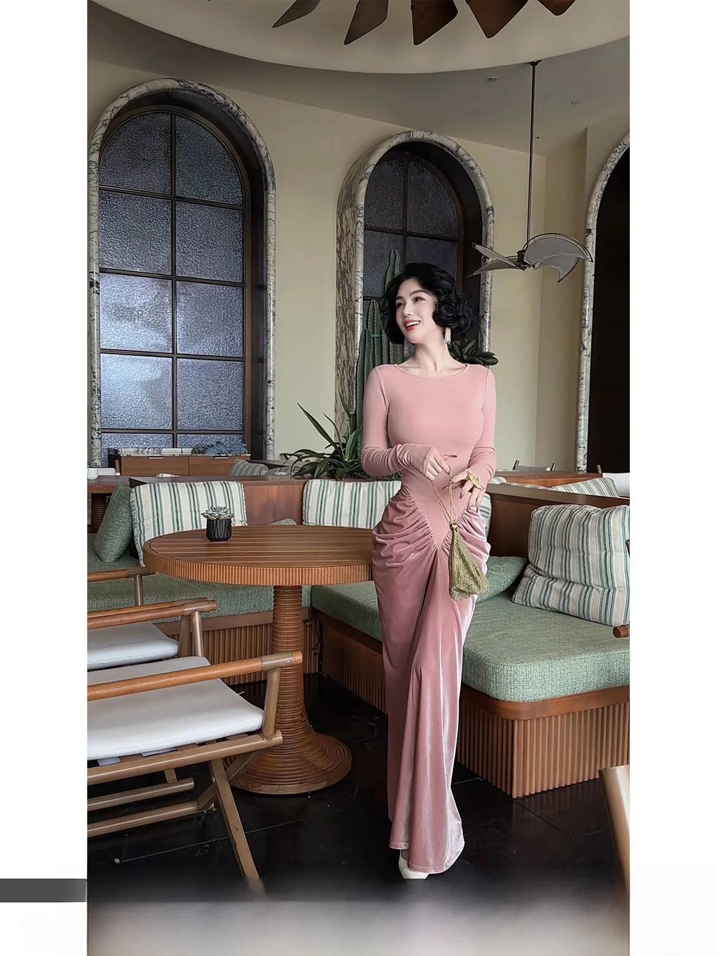 Vestido largo de terciopelo tejido para mujer, rosa, elegante, novedad de primavera, de lujo, para ir al trabajo, boda o fiesta.