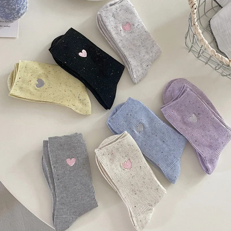 Women's Polka Dot Embroidered Heart Socks Cute Colorful Dots Cotton Ankle Sock Korean Style Kawaii Vertical Striped Slouch Socks