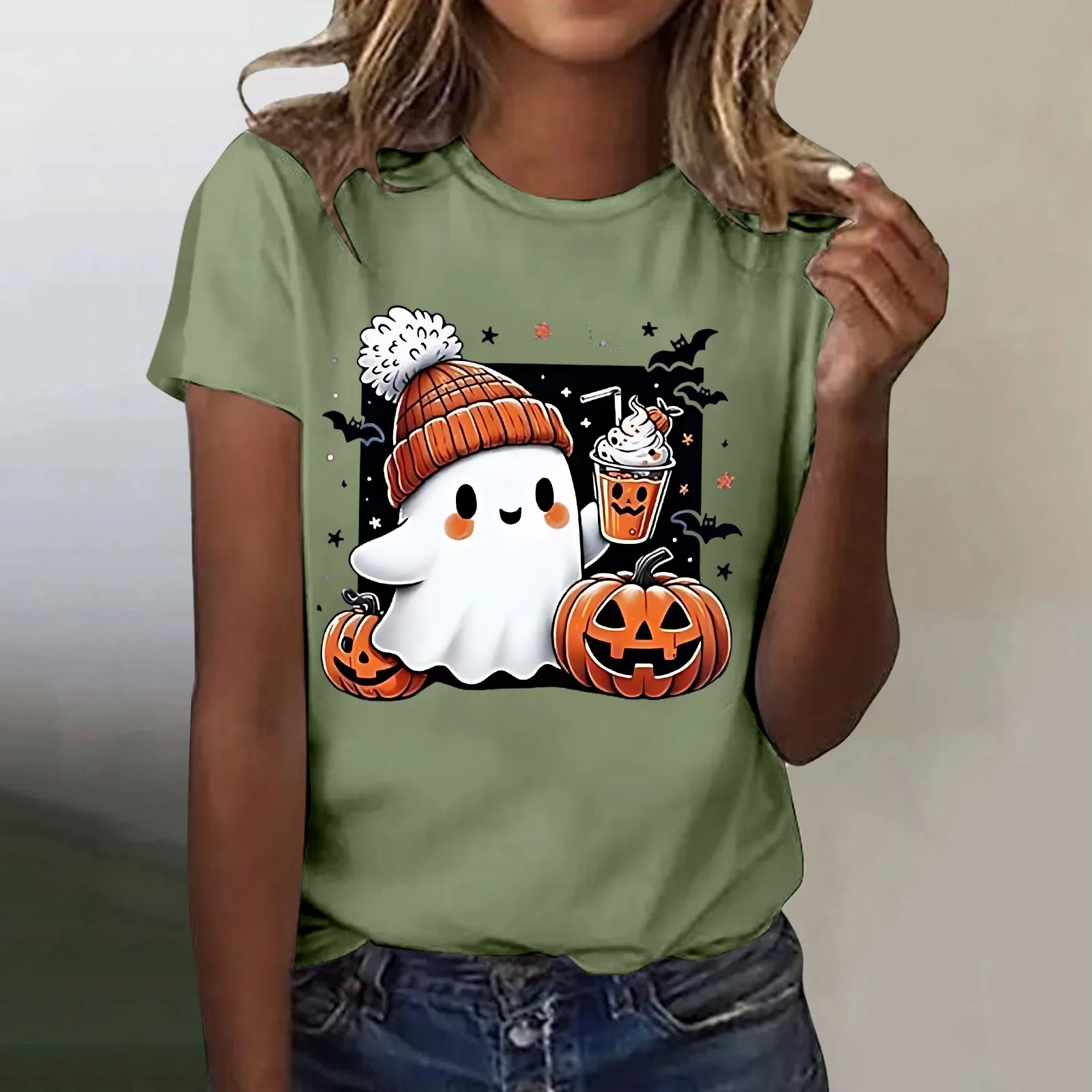 

Cute Ghost Printed Halloween Shirt For Women Funny Crew Neck Short Sleeve Clothe Tee Shirts Halloween Cosplay Tops Humor T Shirt