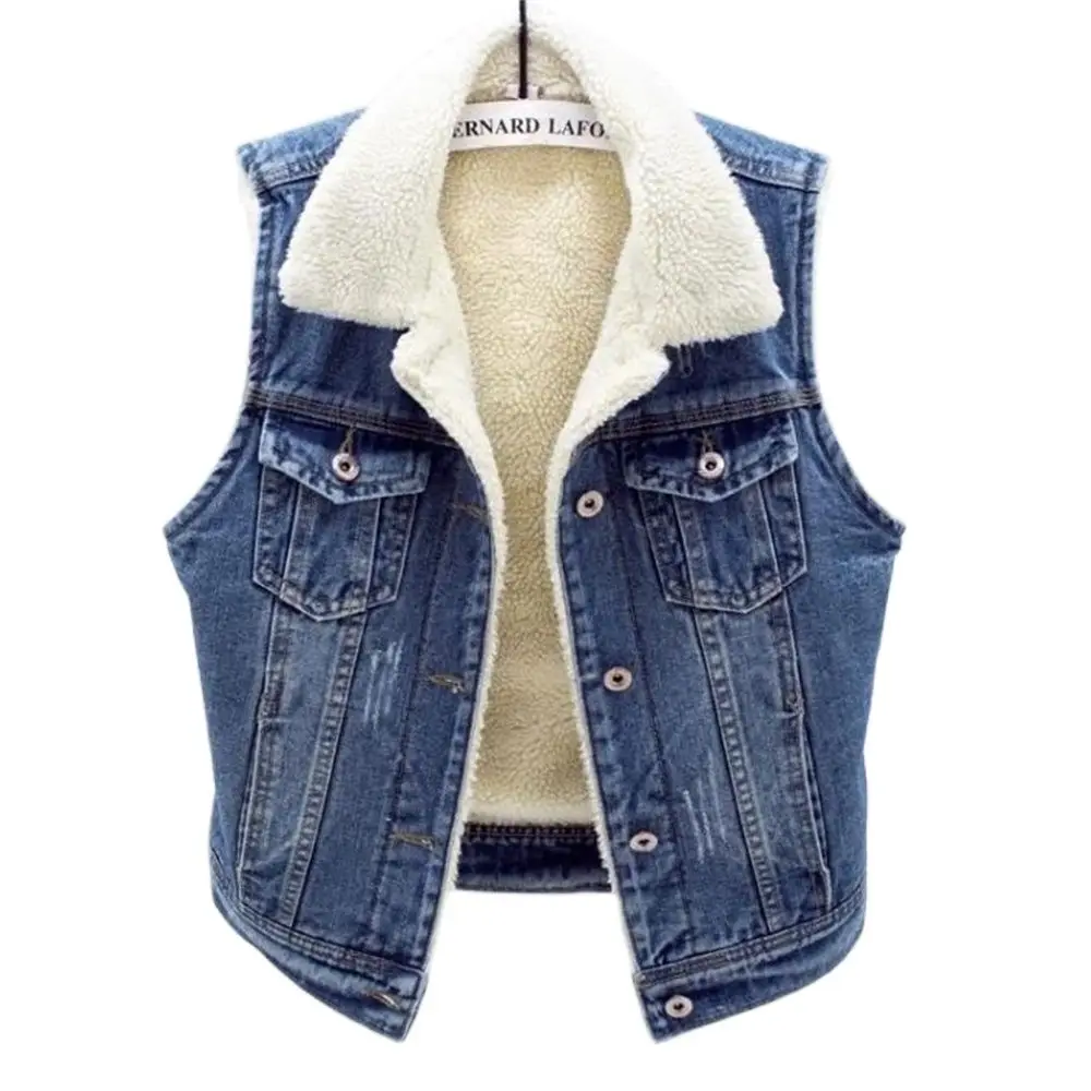 Warm Plus Velvet Gilet Female Boyfriend Padded Coats Bomber Windbreake Women Winter Autumn Denim Waistcoat Jacket Winter Jeans