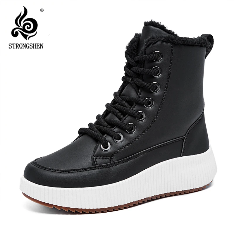 

Женские зимние ботильоны на меху, кожаные короткие плюшевые хлопковые туфли, трендовые уличные модные кроссовки на платформе со шнуровкой, теплые Mujer Botas