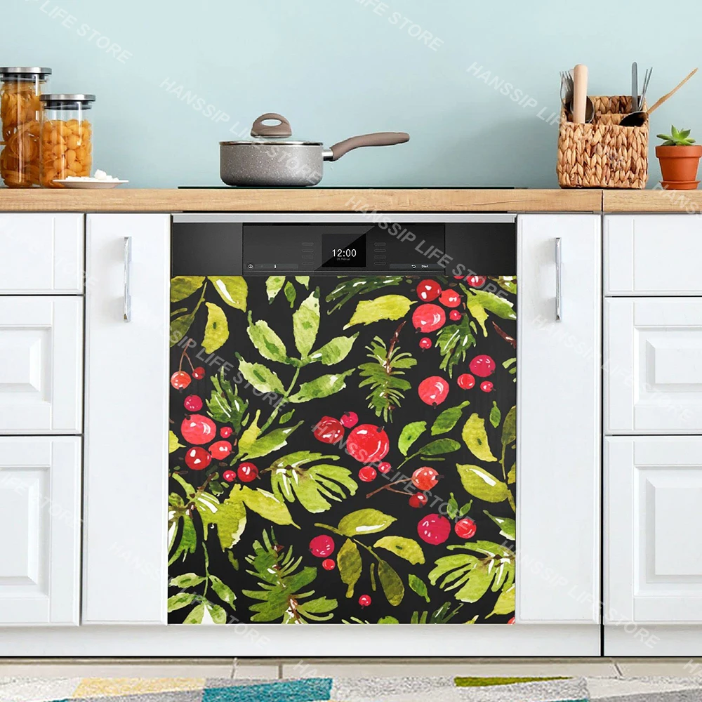 Watercolor Flower Plant Leaves Printed Dishwasher Sticker Wallpaper Kitchen Waterproof Washing Machine Cabinet Panel Art Decals