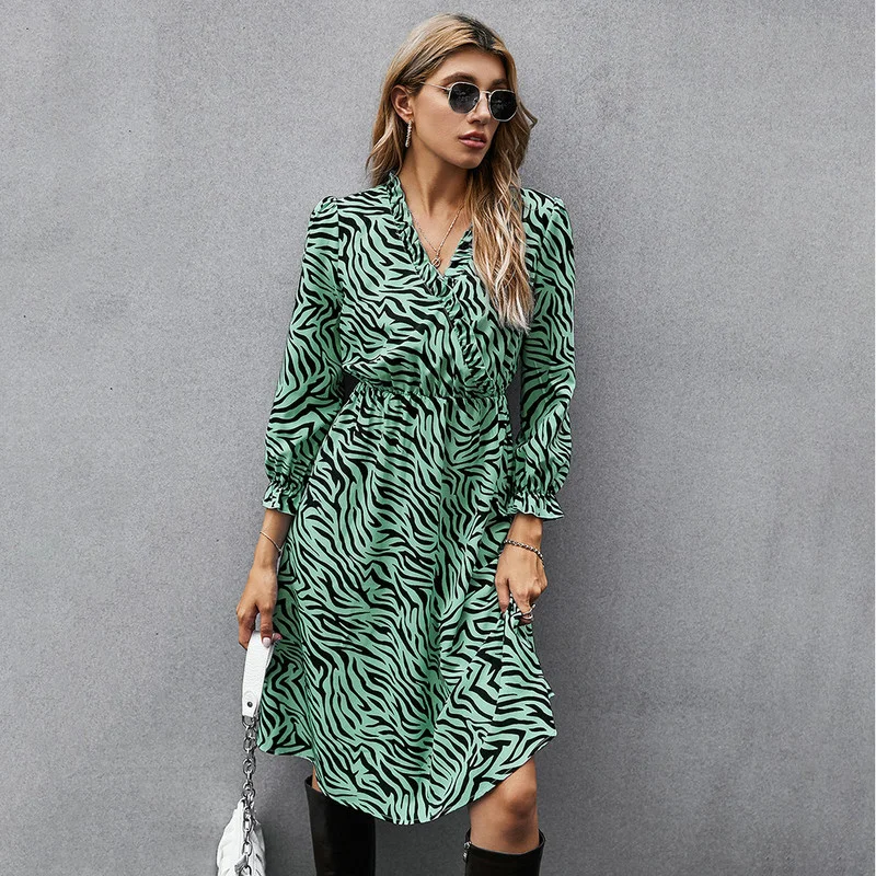 Women V-neck Printed Dress Elegant Fashion Women's Dress Spring Autumn Femme Dresses Vestidos Long-sleeve Dress A-Line Dress