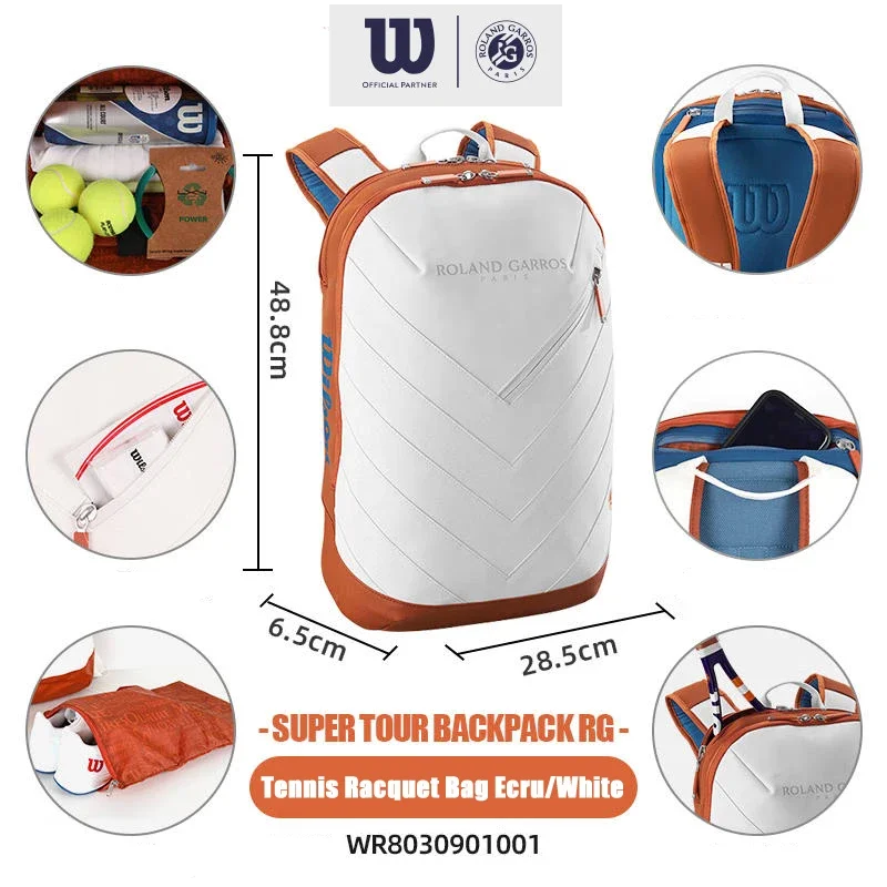 Wilson 2024 Franse Open Super Tour Zacht Leer Tennisracket Rugzak 2PK Gestroomlijnde Tennistas Met Thermoguard Ecru Wit