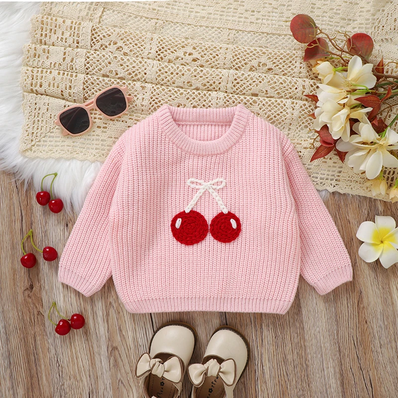 Baby-Pullover, gestrickt, niedliches Kirschmuster, für Neugeborene, Mädchen, Rundhalsausschnitt, Langarm-Pullover, Strickwaren, 1–3 Jahre, Kleinkind-Pullover-Kleidung