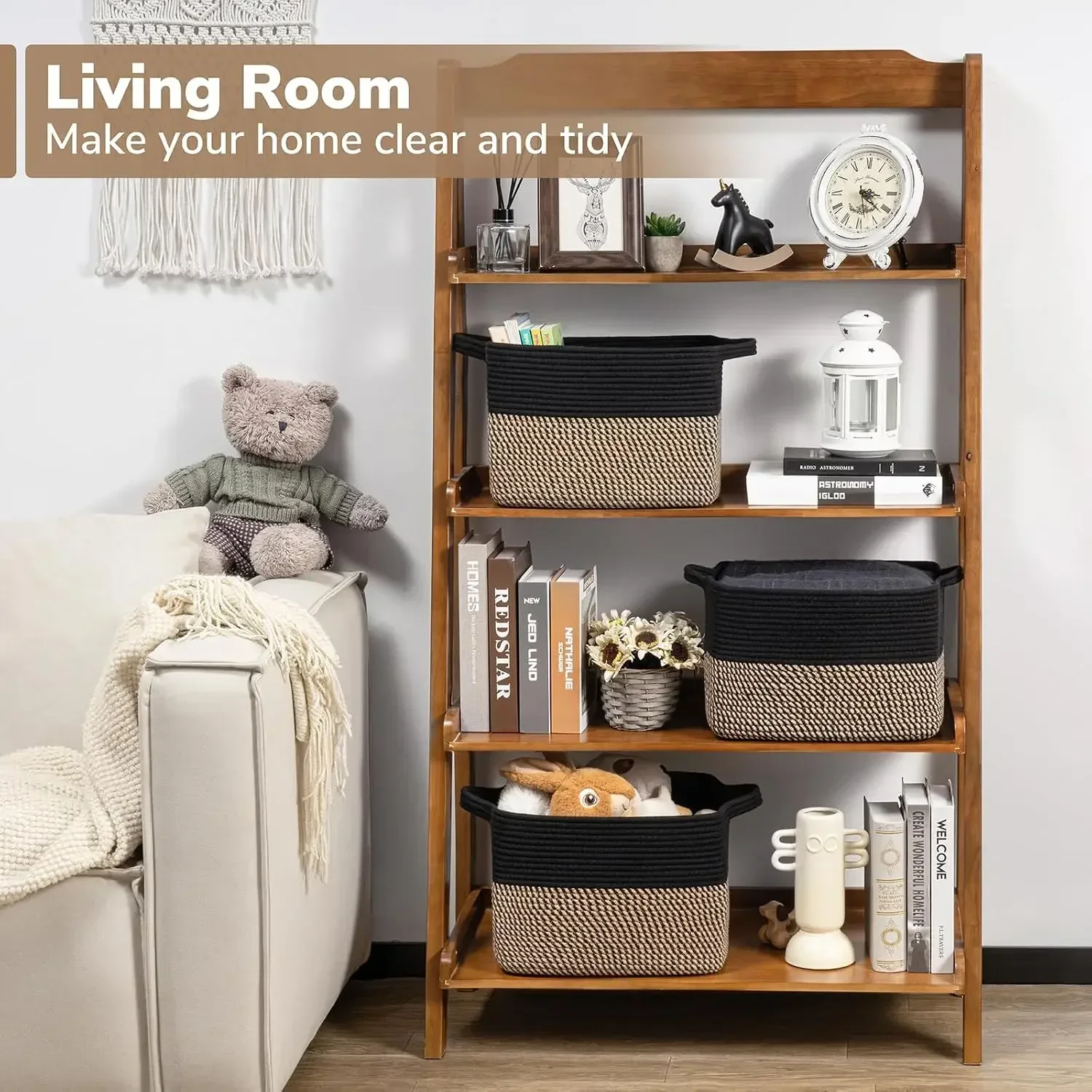 13 x 10 x 9 Inch Woven Storage Basket Black Jute Shelf Bin